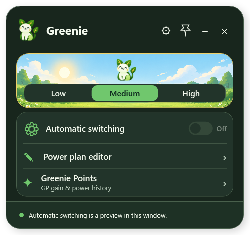 Greenie main widget rendered in its dark theme.