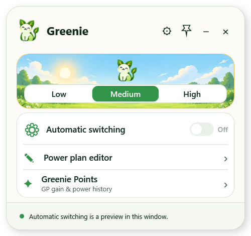 Greenie main widget rendered in its light theme.